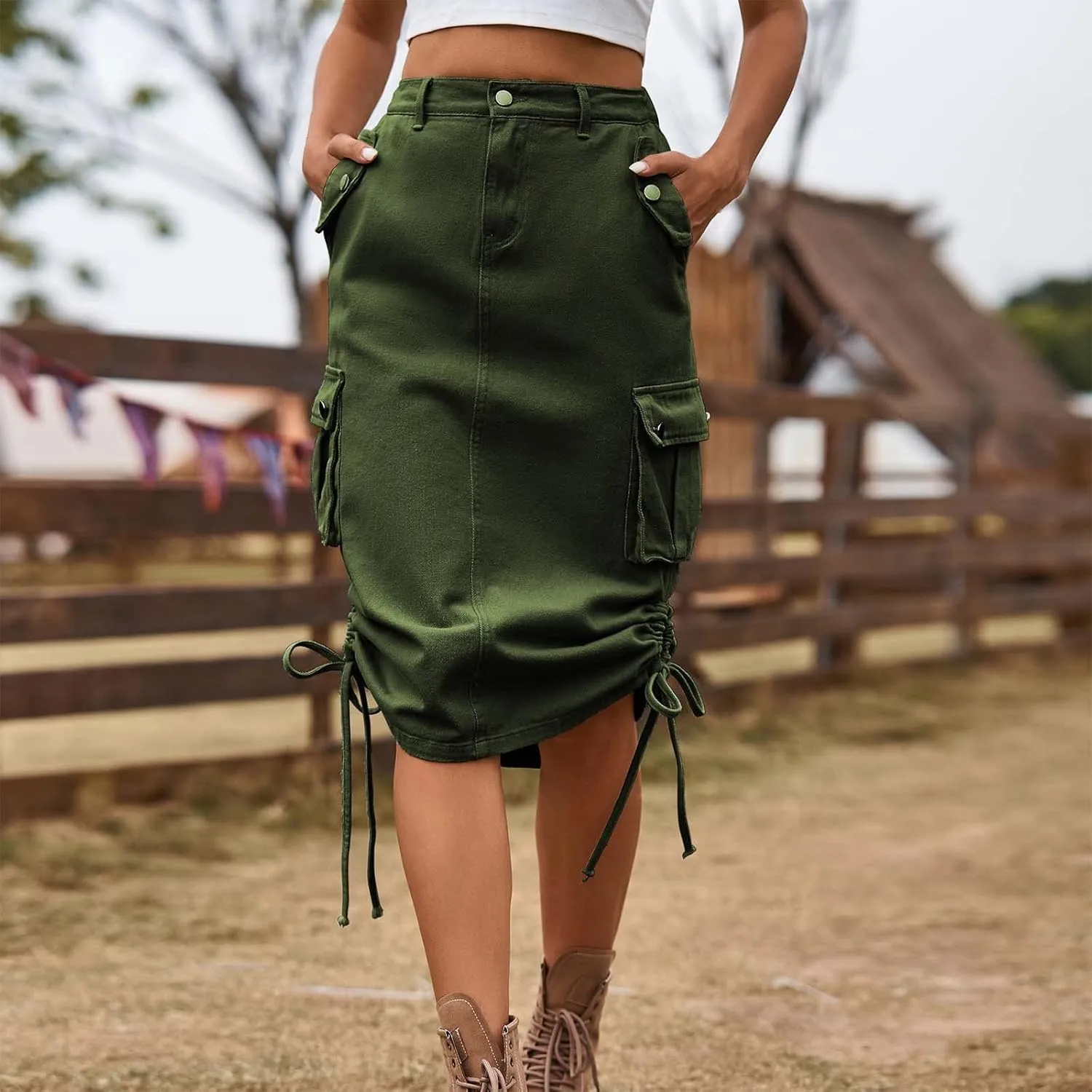 Women's Cargo Denim Skirt High Waisted Summer Casual Work Jeans Dresses Side Drawstring Midi Skirt with Pockets