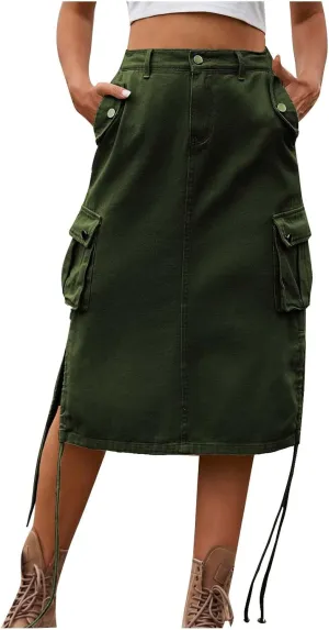 Women's Cargo Denim Skirt High Waisted Summer Casual Work Jeans Dresses Side Drawstring Midi Skirt with Pockets