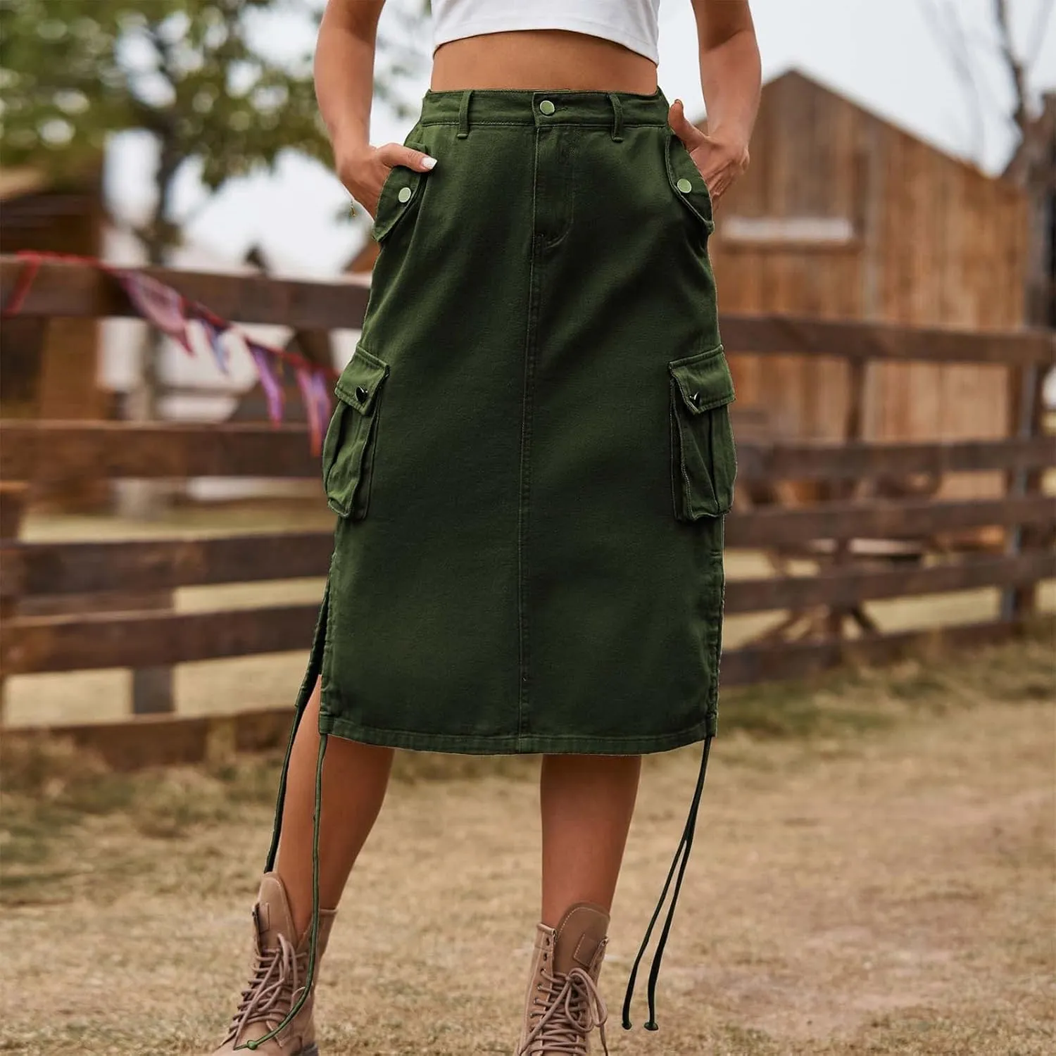 Women's Cargo Denim Skirt High Waisted Summer Casual Work Jeans Dresses Side Drawstring Midi Skirt with Pockets