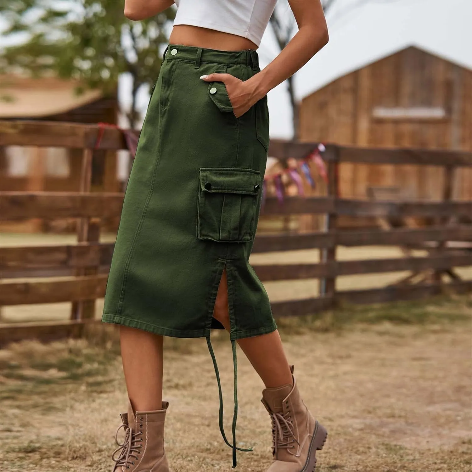 Women's Cargo Denim Skirt High Waisted Summer Casual Work Jeans Dresses Side Drawstring Midi Skirt with Pockets
