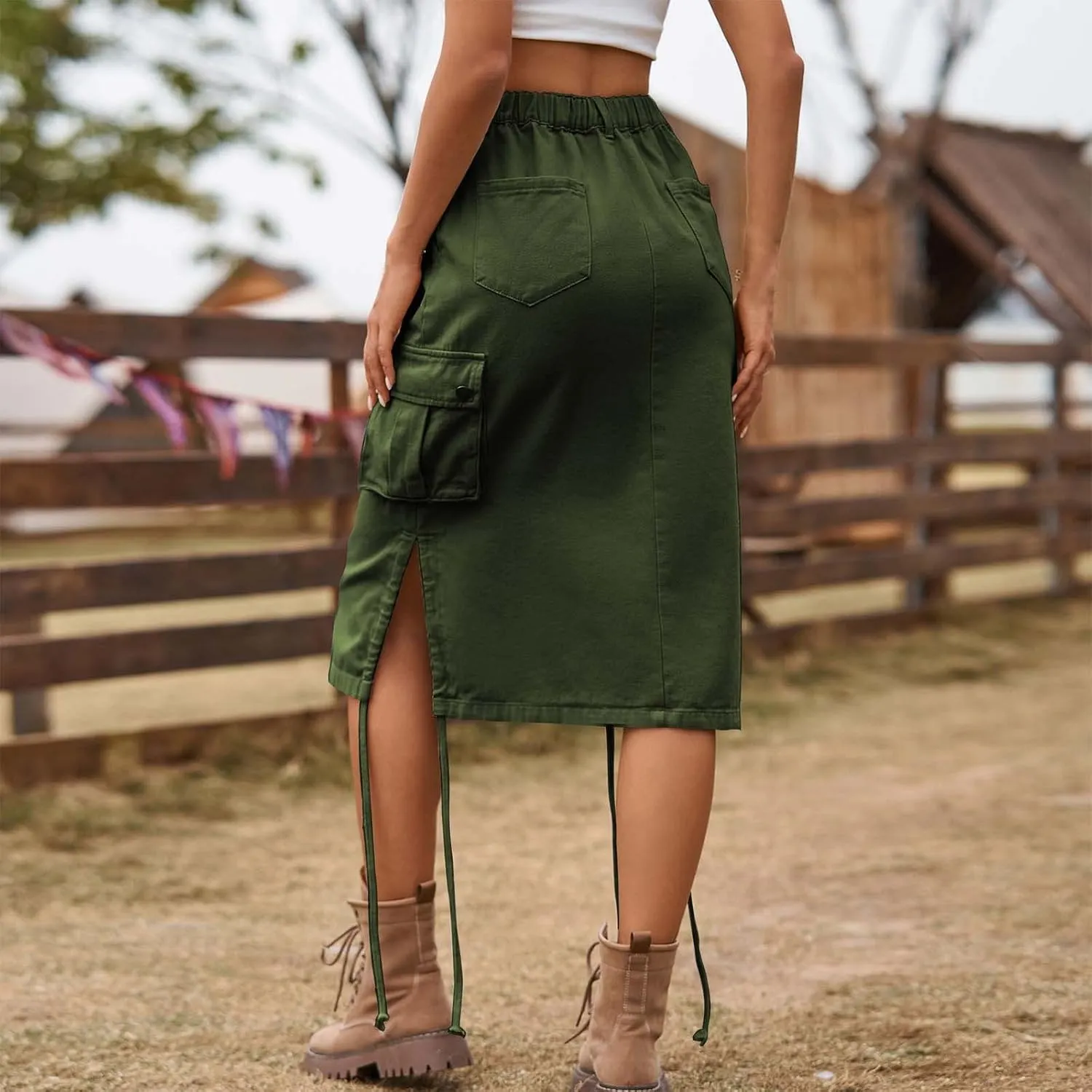 Women's Cargo Denim Skirt High Waisted Summer Casual Work Jeans Dresses Side Drawstring Midi Skirt with Pockets