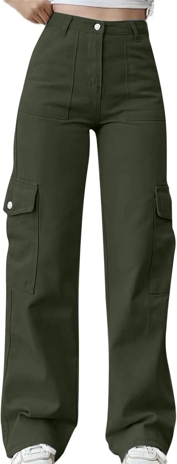 Womens Cargo Pants High Waist Baggy Cargo Jeans Flap Pocket Denim Pants Casual Straight Leg Trousers Y2K Streetwear