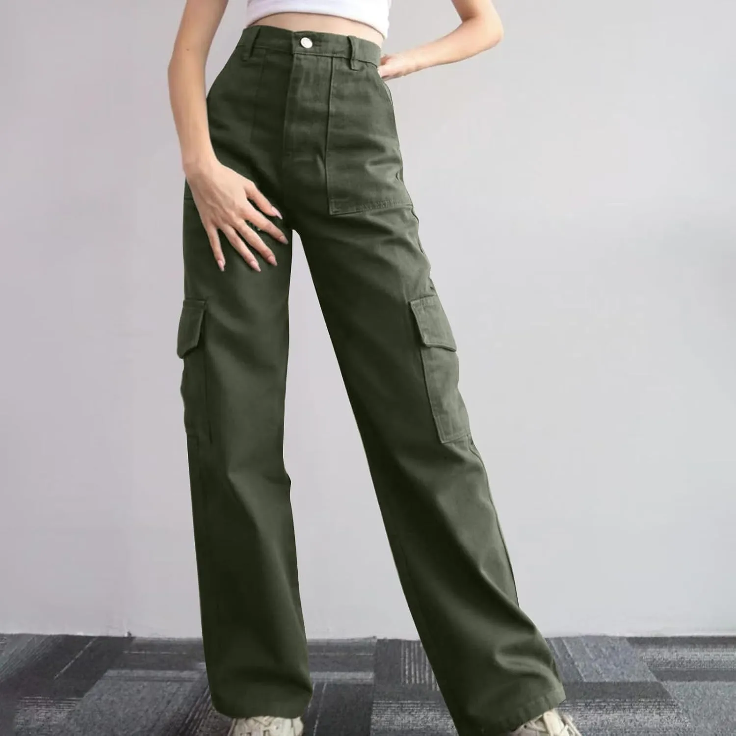 Womens Cargo Pants High Waist Baggy Cargo Jeans Flap Pocket Denim Pants Casual Straight Leg Trousers Y2K Streetwear