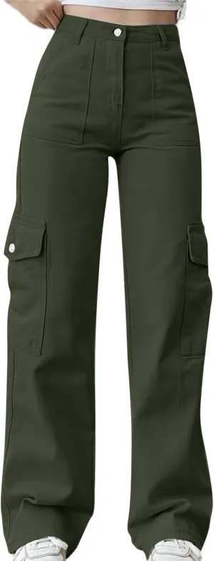 Womens Cargo Pants High Waist Baggy Cargo Jeans Flap Pocket Denim Pants Casual Straight Leg Trousers Y2K Streetwear