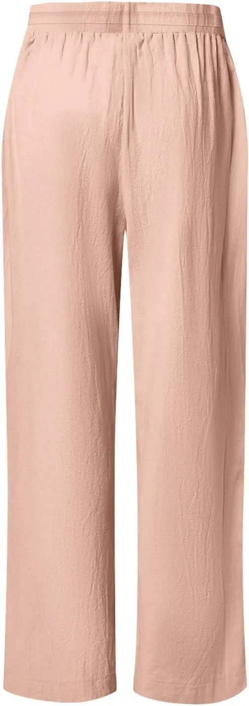 Womens Casual Cotton Linen Pants Trendy Drawstring Side Hollow Trousers Summer Vacation Lounge Travel Outfits 2025