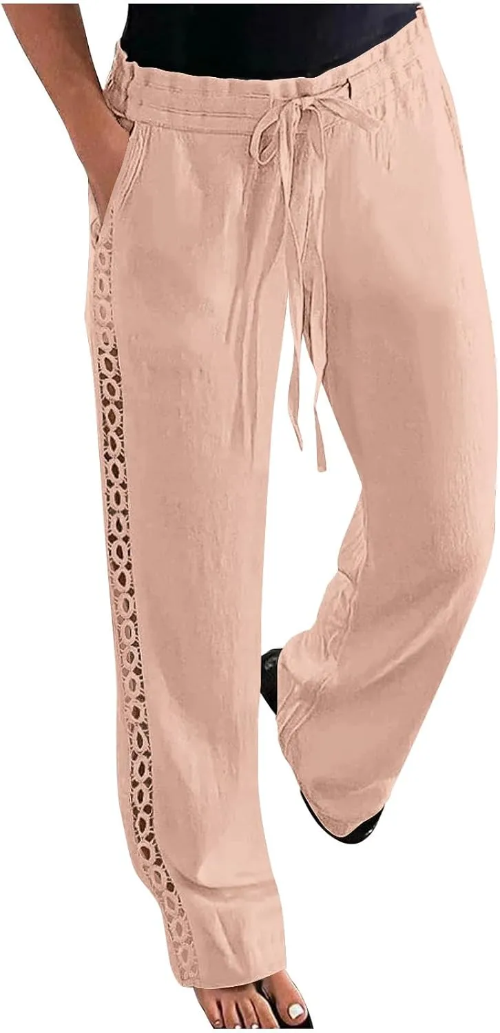 Womens Casual Cotton Linen Pants Trendy Drawstring Side Hollow Trousers Summer Vacation Lounge Travel Outfits 2025