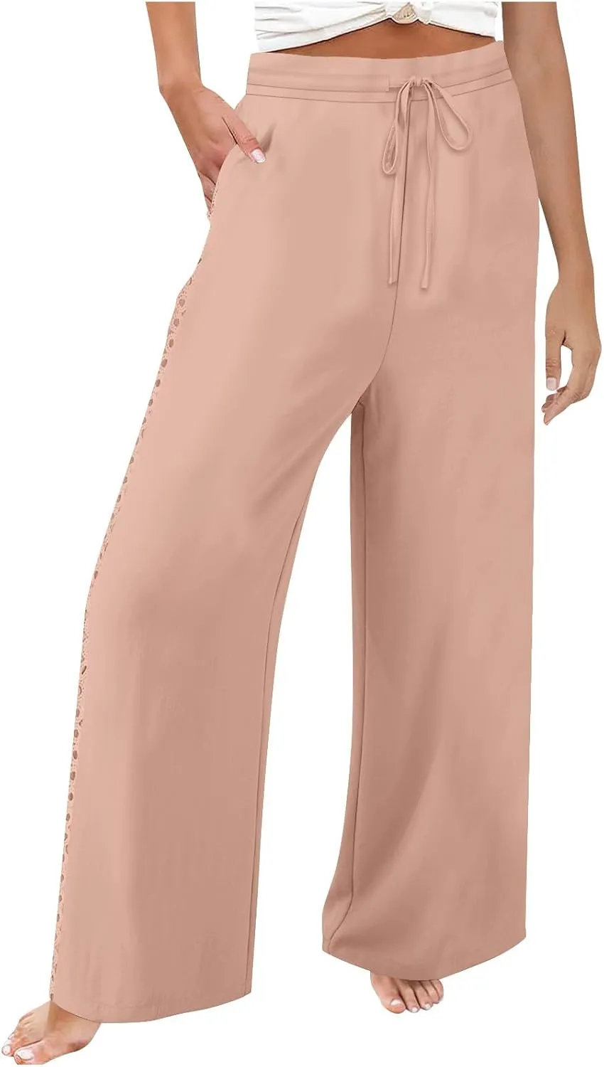 Womens Casual Cotton Linen Pants Trendy Drawstring Side Hollow Trousers Summer Vacation Lounge Travel Outfits 2025