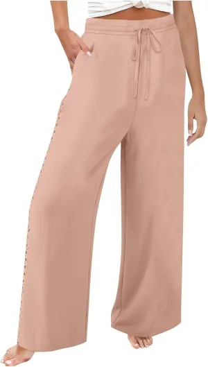 Womens Casual Cotton Linen Pants Trendy Drawstring Side Hollow Trousers Summer Vacation Lounge Travel Outfits 2025