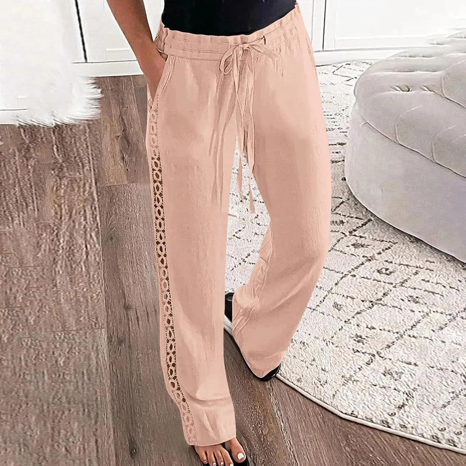 Womens Casual Cotton Linen Pants Trendy Drawstring Side Hollow Trousers Summer Vacation Lounge Travel Outfits 2025