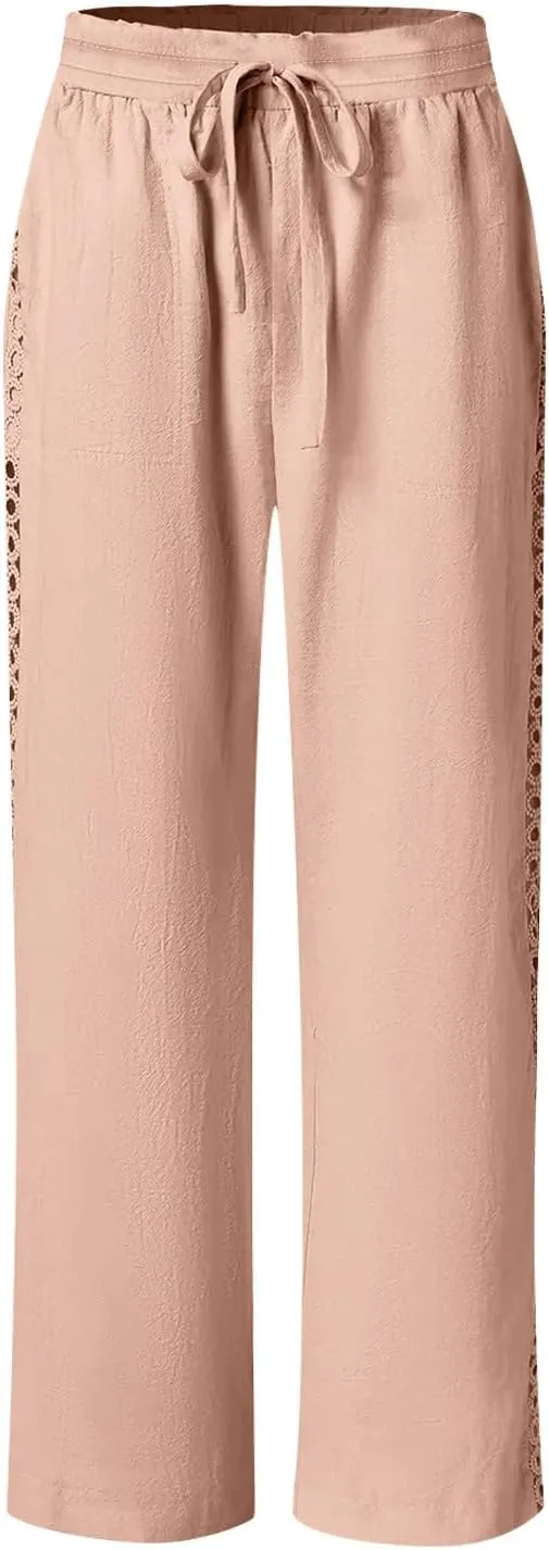 Womens Casual Cotton Linen Pants Trendy Drawstring Side Hollow Trousers Summer Vacation Lounge Travel Outfits 2025