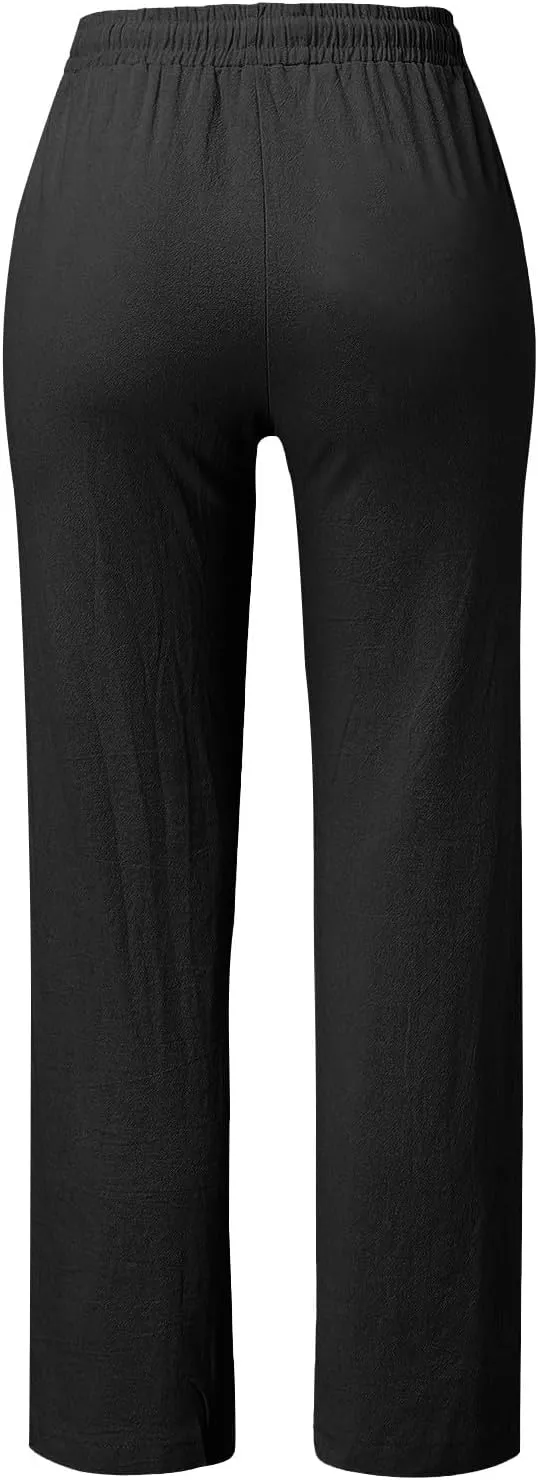 Womens Casual Linen High Waist Pants Drawstring Loose Fit Summer Pants Trousers with Side Pockets