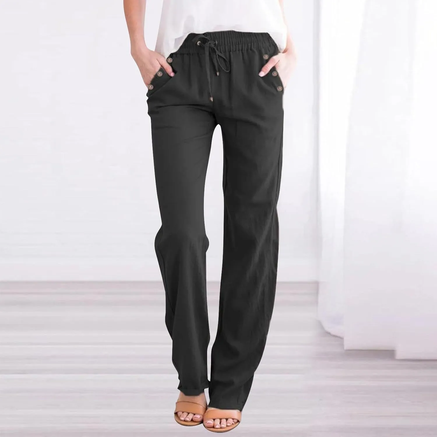 Womens Casual Linen High Waist Pants Drawstring Loose Fit Summer Pants Trousers with Side Pockets