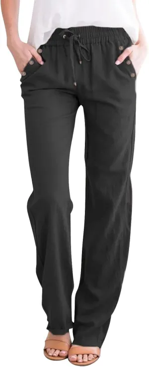 Womens Casual Linen High Waist Pants Drawstring Loose Fit Summer Pants Trousers with Side Pockets