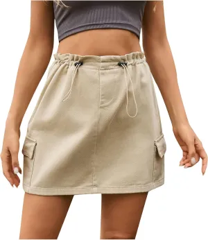 Women's Casual Short Denim Skirt High Waisted Elastic Drawstring Bodycon Jeans Mini Cargo Denim Skirt with Pockets