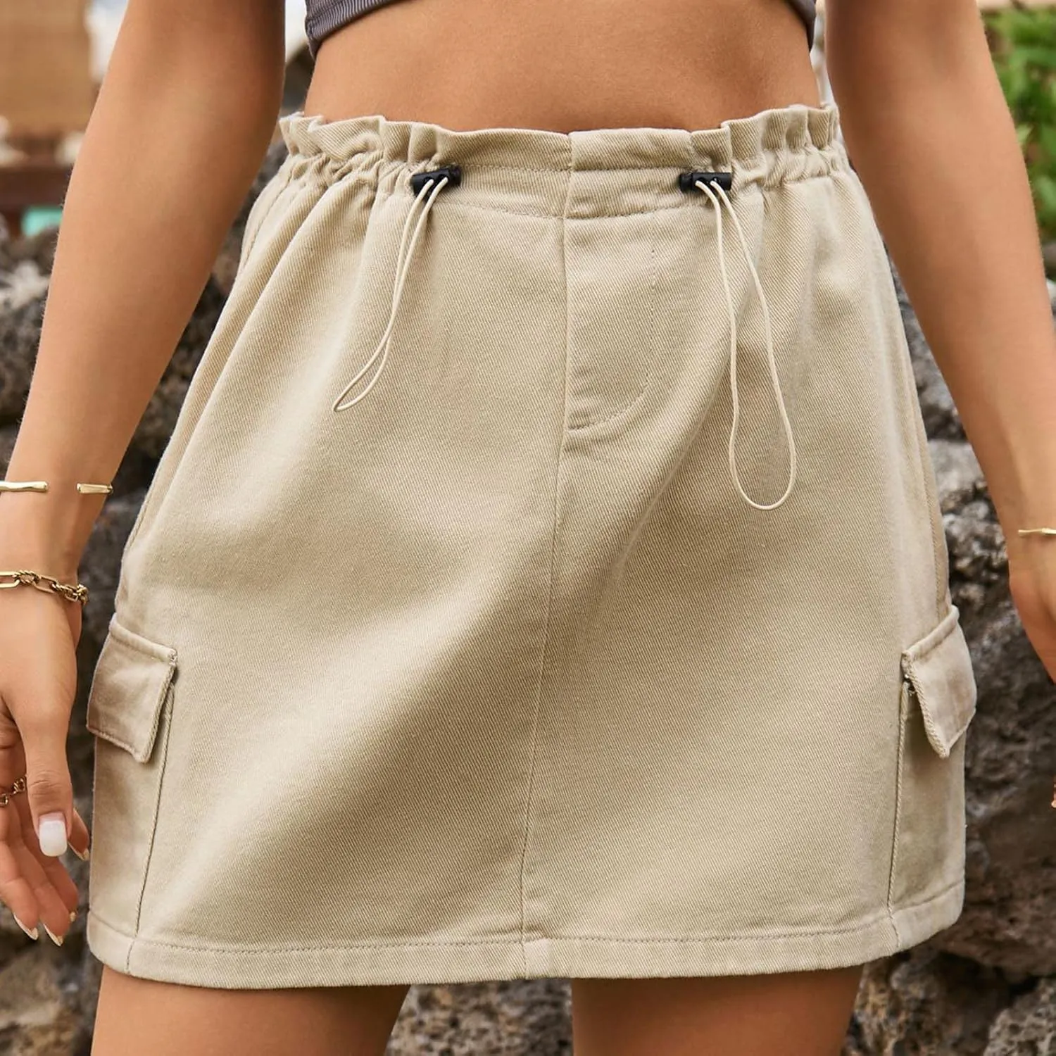 Women's Casual Short Denim Skirt High Waisted Elastic Drawstring Bodycon Jeans Mini Cargo Denim Skirt with Pockets
