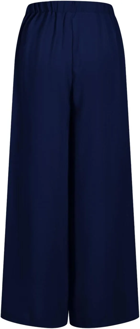 Womens Casual Wide Leg Pants Pleated High Elastic Waist Flowy Loose Beach Palazzo Pants Baggy Work Trousers Summer