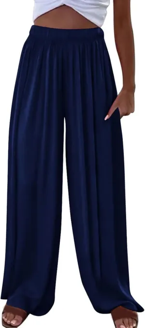 Womens Casual Wide Leg Pants Pleated High Elastic Waist Flowy Loose Beach Palazzo Pants Baggy Work Trousers Summer