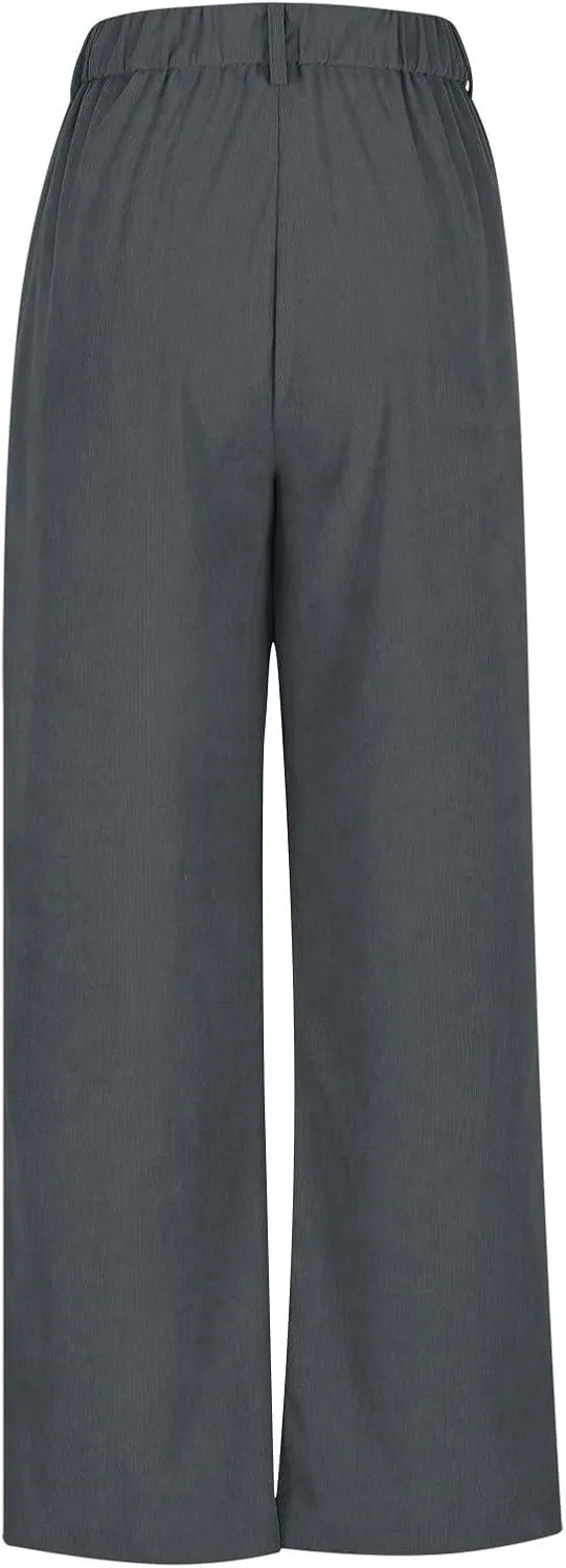 Women's Corduroy Pants High Waist Straight Leg Pant Casual Elastic Waist Sweatpants Stretchy Loose Wide Leg Trousers