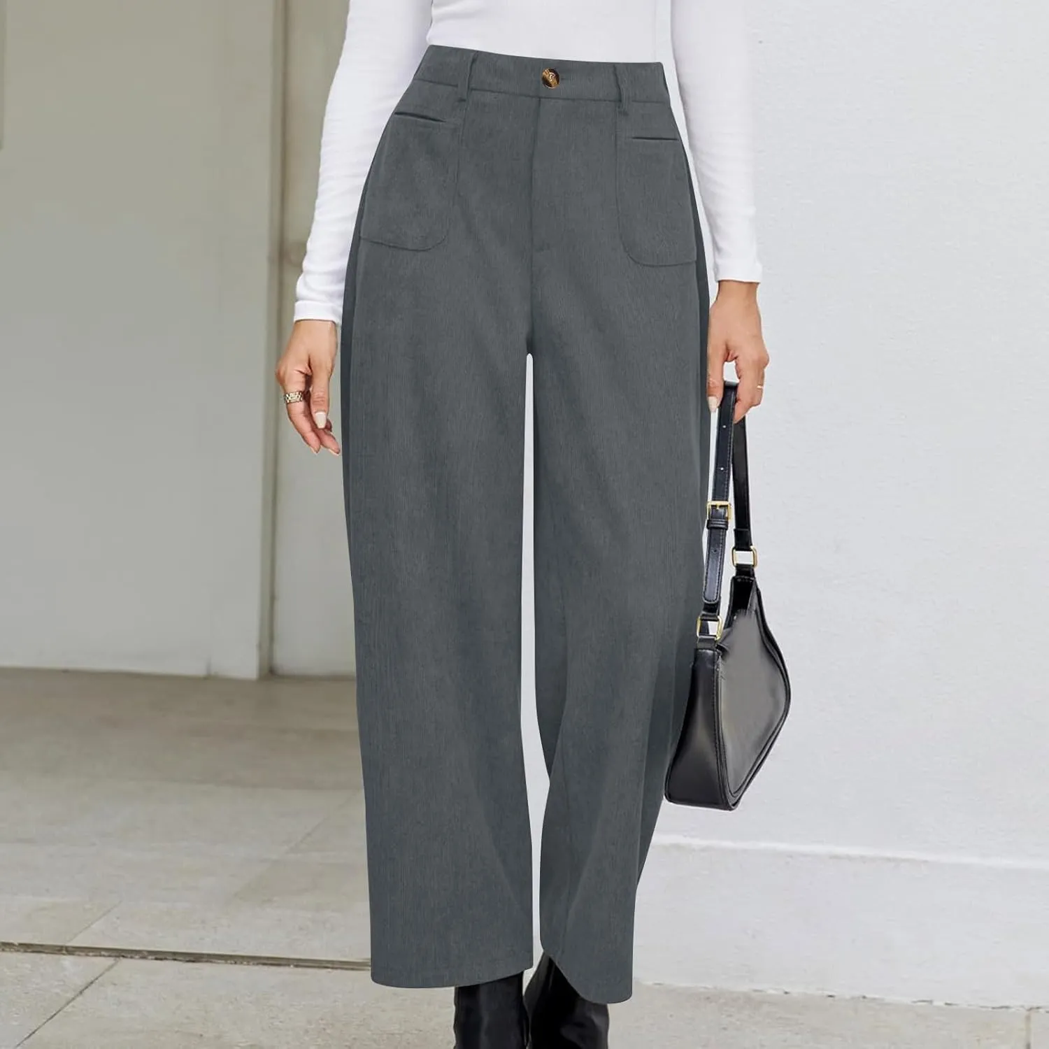 Women's Corduroy Pants High Waist Straight Leg Pant Casual Elastic Waist Sweatpants Stretchy Loose Wide Leg Trousers