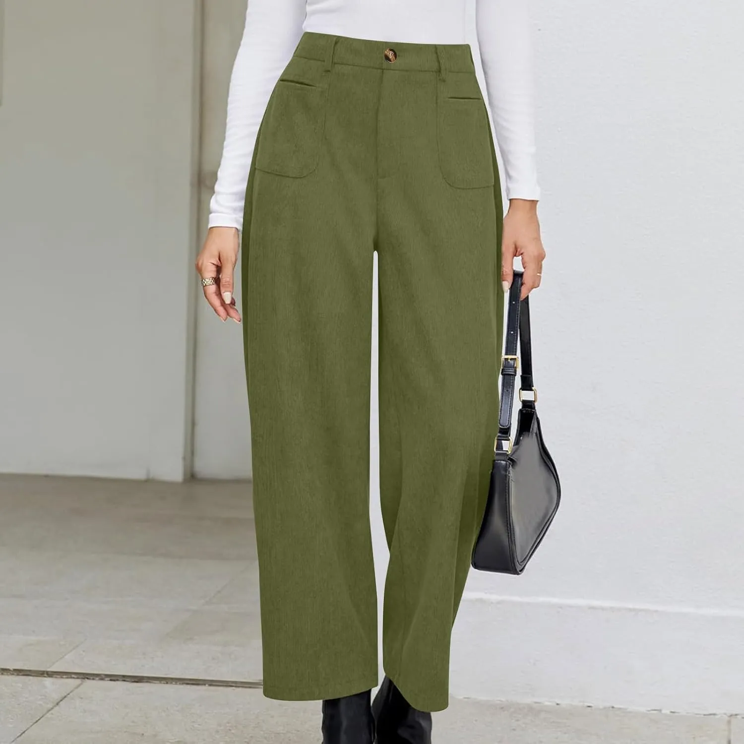 Women's Corduroy Pants High Waist Straight Leg Pant Casual Elastic Waist Sweatpants Stretchy Loose Wide Leg Trousers