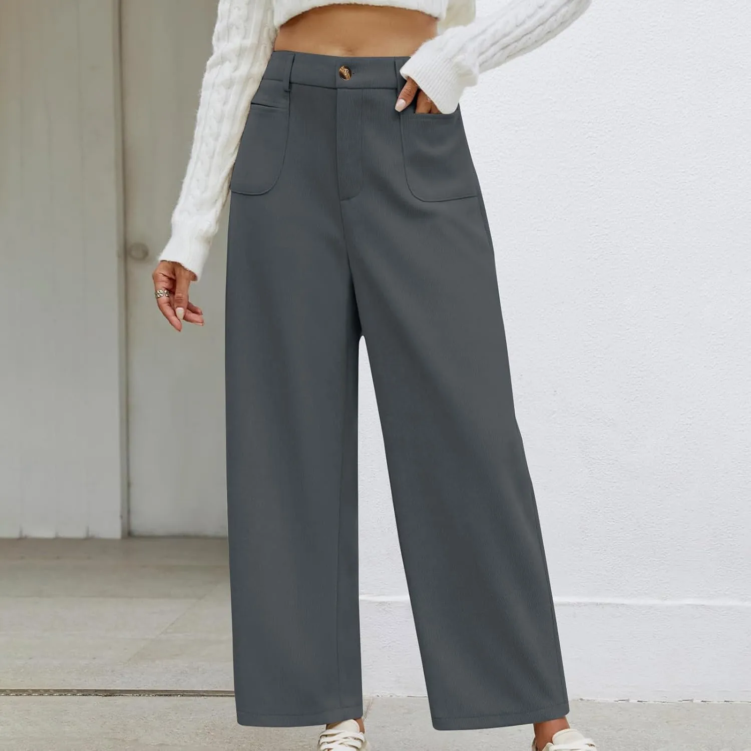 Women's Corduroy Pants High Waist Straight Leg Pant Casual Elastic Waist Sweatpants Stretchy Loose Wide Leg Trousers