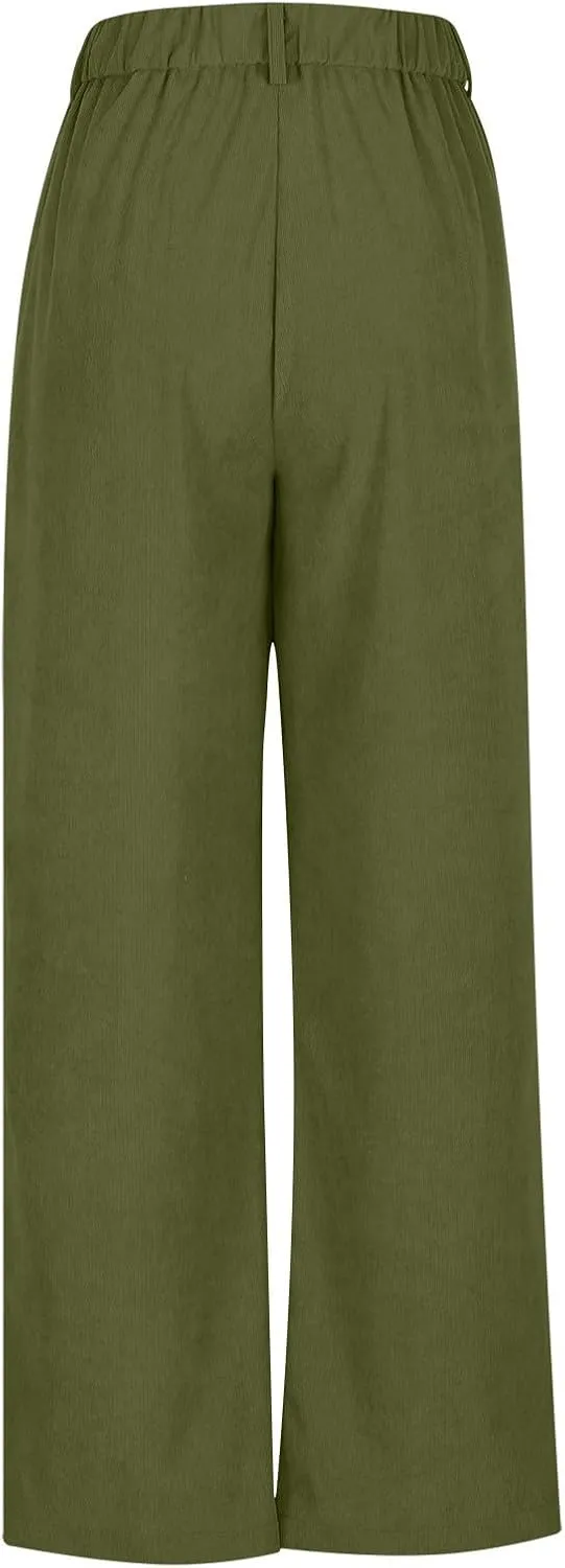 Women's Corduroy Pants High Waist Straight Leg Pant Casual Elastic Waist Sweatpants Stretchy Loose Wide Leg Trousers