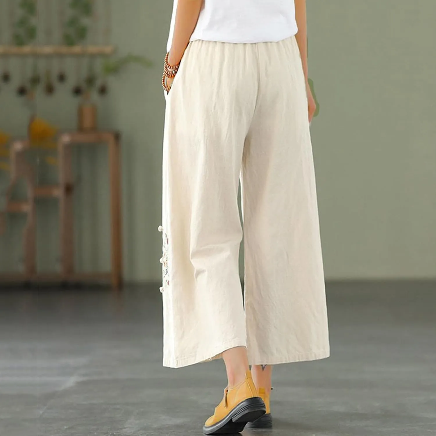 Womens Cotton Linen Baggy Pants Fashion Embroidery Loose Pant High Waist Wide Leg Boho Trousers Summer Lounge Clothes
