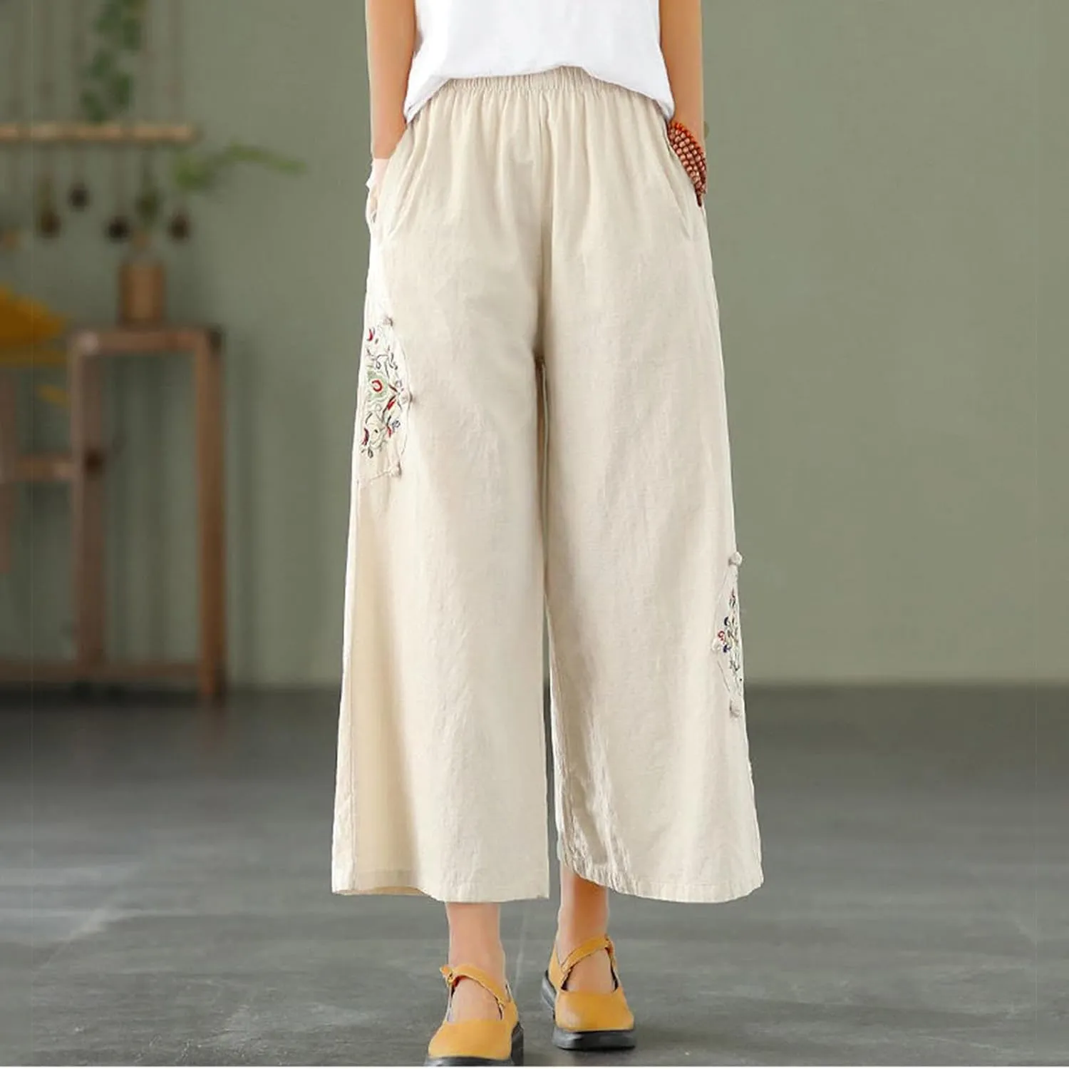 Womens Cotton Linen Baggy Pants Fashion Embroidery Loose Pant High Waist Wide Leg Boho Trousers Summer Lounge Clothes