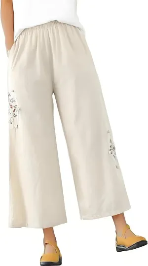 Womens Cotton Linen Baggy Pants Fashion Embroidery Loose Pant High Waist Wide Leg Boho Trousers Summer Lounge Clothes