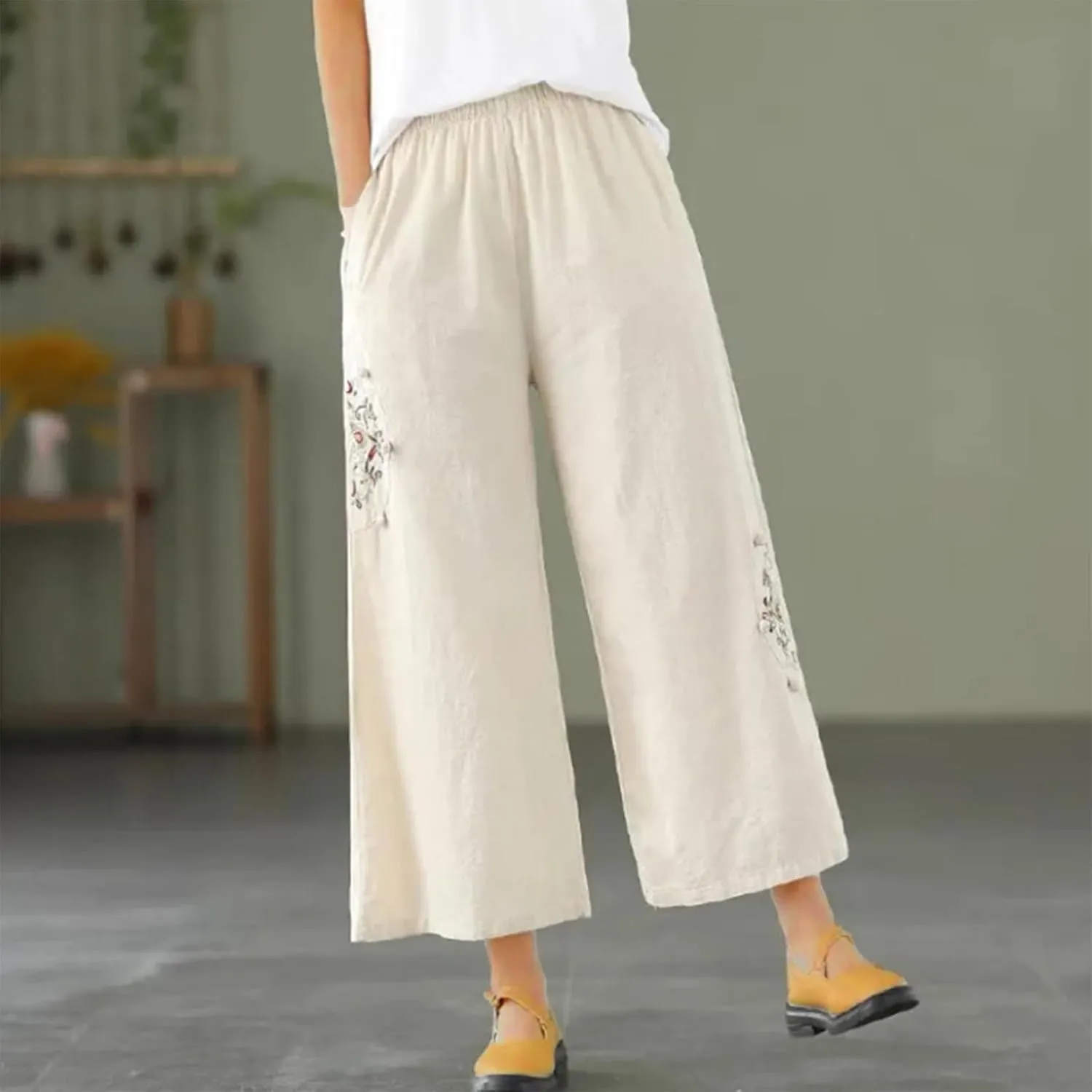 Womens Cotton Linen Baggy Pants Fashion Embroidery Loose Pant High Waist Wide Leg Boho Trousers Summer Lounge Clothes