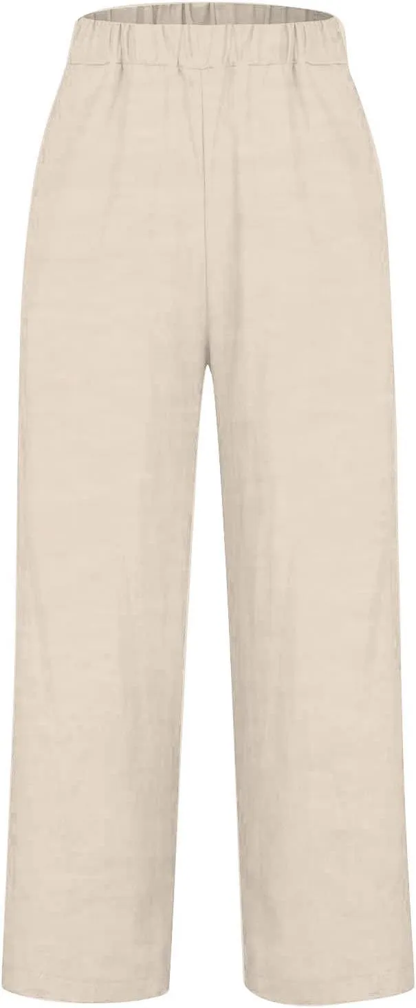 Womens Cotton Linen Buttons Waist Pant Casual Straight Leg Long Trousers Summer Lightweight Loose Pants