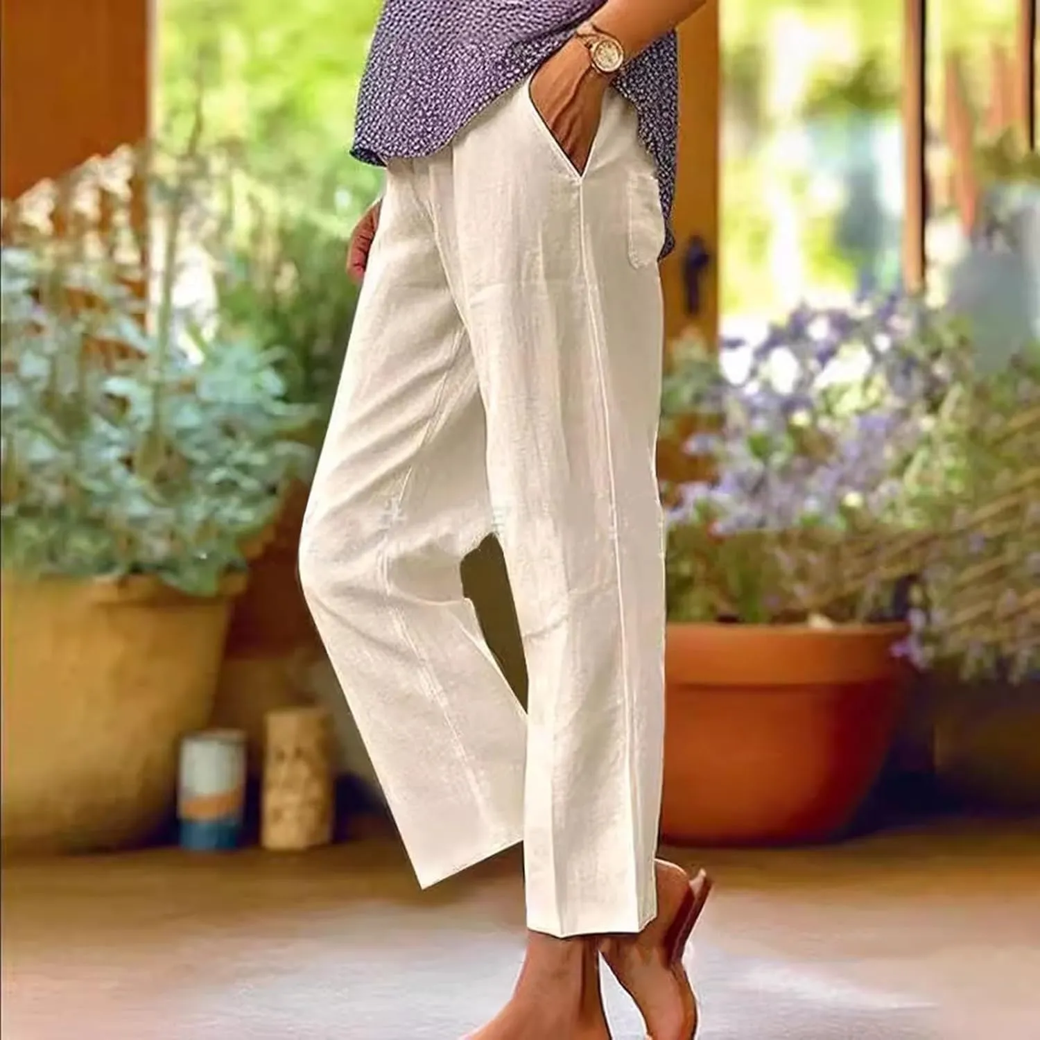 Womens Cotton Linen Buttons Waist Pant Casual Straight Leg Long Trousers Summer Lightweight Loose Pants