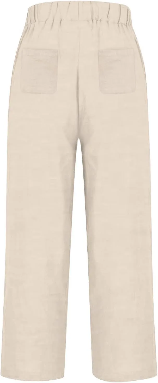 Womens Cotton Linen Buttons Waist Pant Casual Straight Leg Long Trousers Summer Lightweight Loose Pants