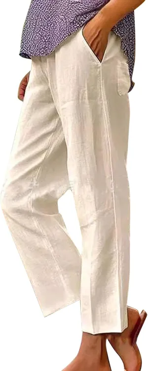 Womens Cotton Linen Buttons Waist Pant Casual Straight Leg Long Trousers Summer Lightweight Loose Pants