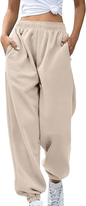 Womens Cotton Linen Jogger Pants Lightweight Elastic High Waist Trousers with Pockets Lounge Baggy Sweatpant for Yoga Gym