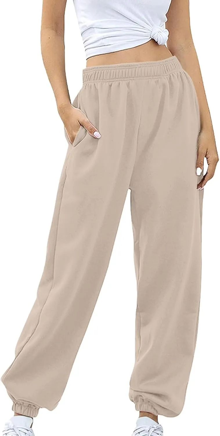Womens Cotton Linen Jogger Pants Lightweight Elastic High Waist Trousers with Pockets Lounge Baggy Sweatpant for Yoga Gym
