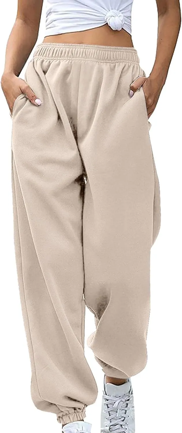 Womens Cotton Linen Jogger Pants Lightweight Elastic High Waist Trousers with Pockets Lounge Baggy Sweatpant for Yoga Gym