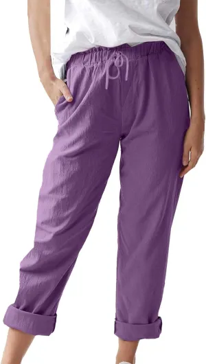 Women's Cotton Linen Micro Flared Pants Solid Summer Drawstring Wide Leg Pants Elastic Palazzo Trousers with Pockets