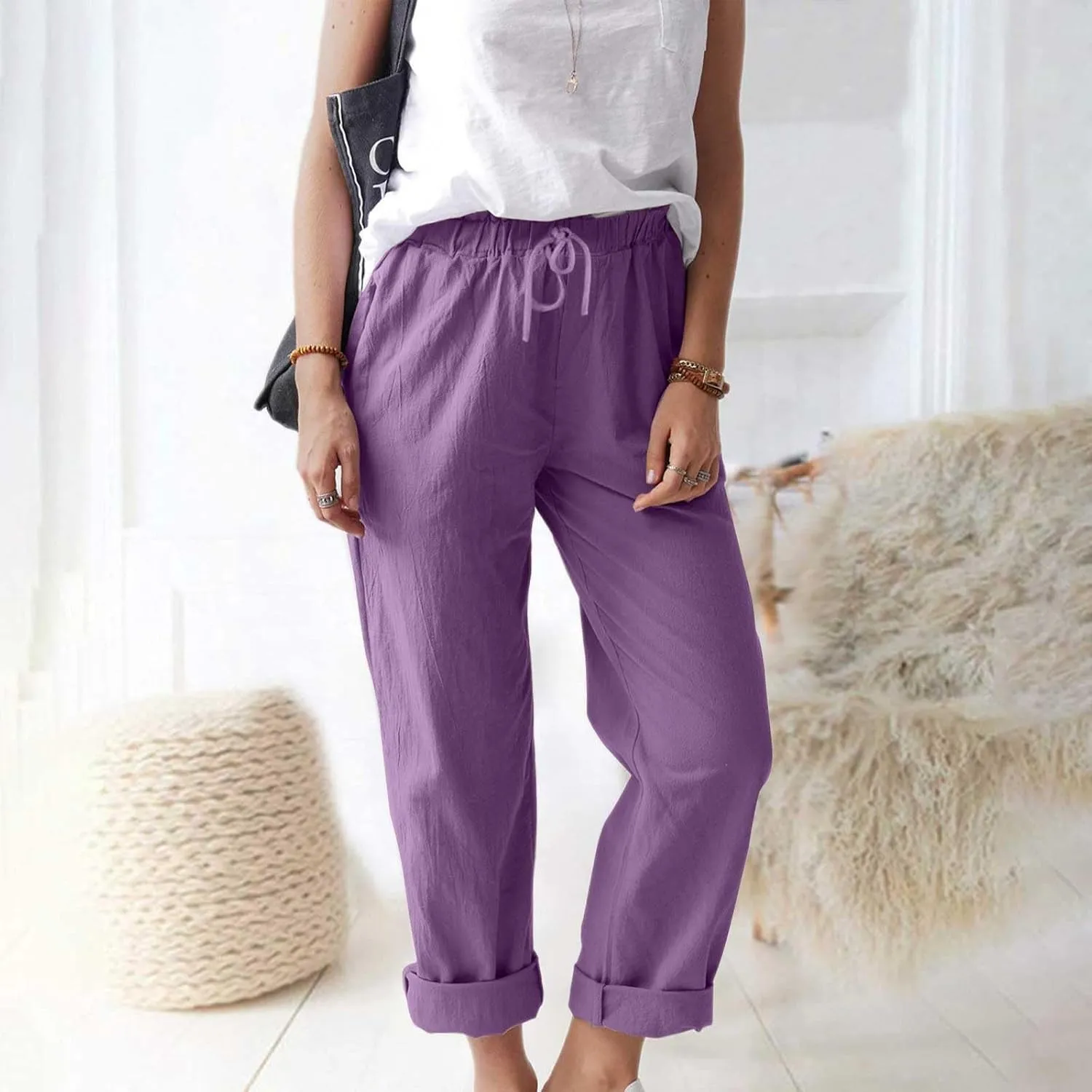 Women's Cotton Linen Micro Flared Pants Solid Summer Drawstring Wide Leg Pants Elastic Palazzo Trousers with Pockets