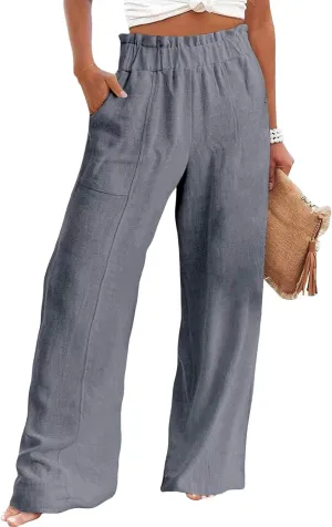 Womens Cotton Linen Palazoo Pants Elastic High Waisted Wide Leg Casual Trousers Summer Trendy Comfy Travel Pant with Pocket