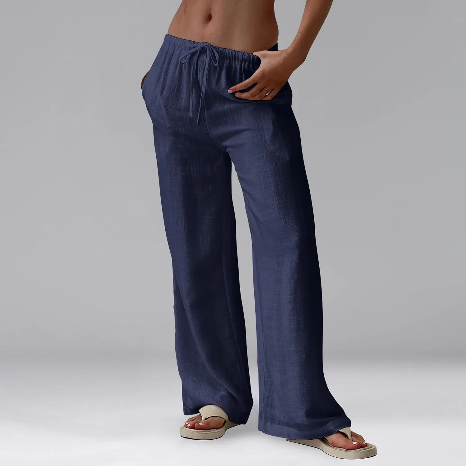 Womens Cotton Linen Pants Casual Dressy Summer Button High Rise Flowy Pants Vacation Pockets Solid Trouser Casual 2025