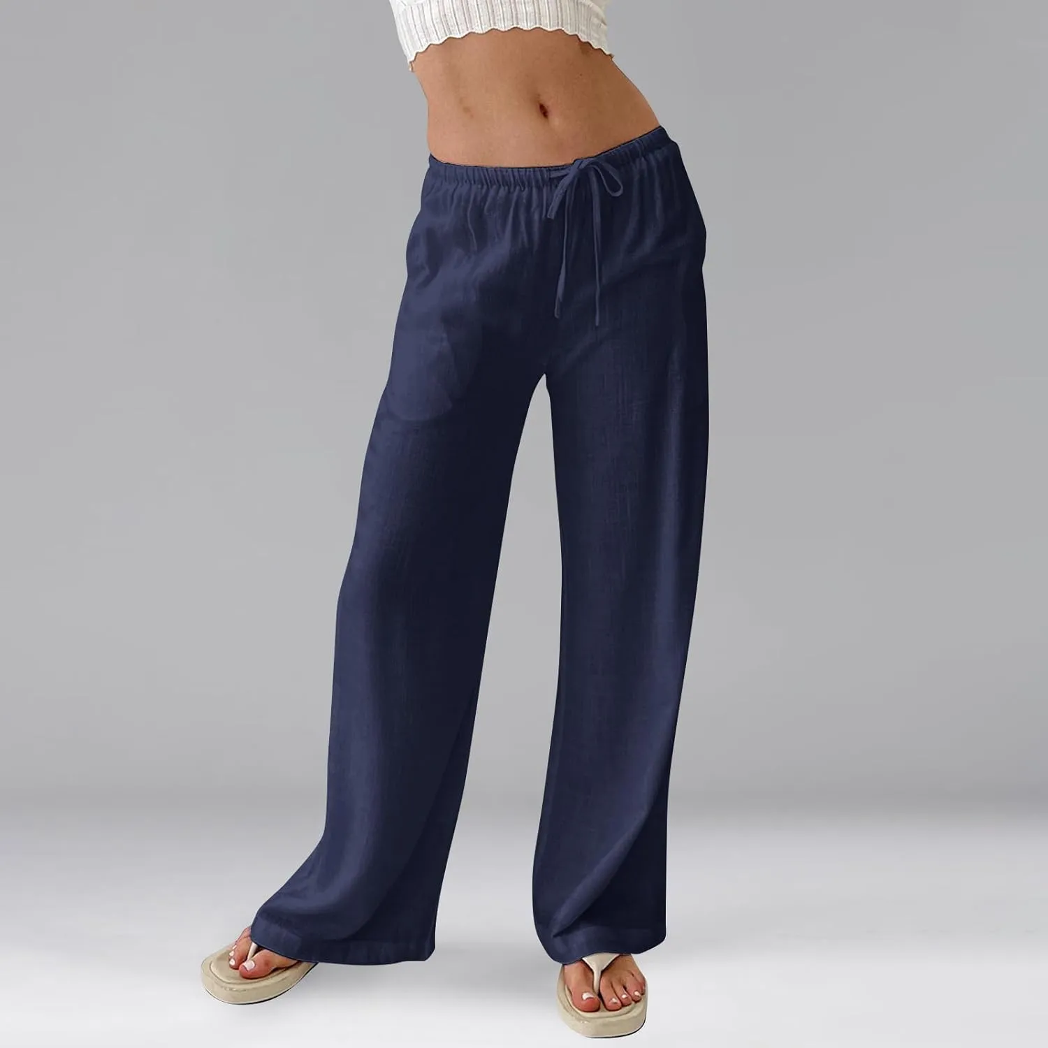 Womens Cotton Linen Pants Casual Dressy Summer Button High Rise Flowy Pants Vacation Pockets Solid Trouser Casual 2025