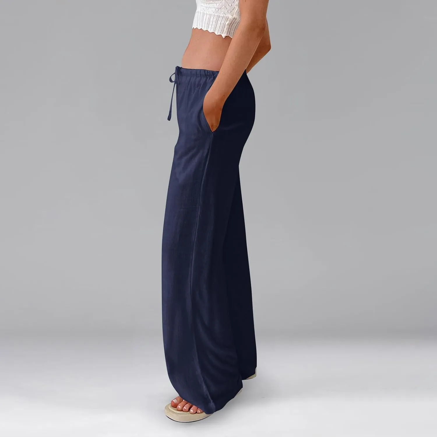 Womens Cotton Linen Pants Casual Dressy Summer Button High Rise Flowy Pants Vacation Pockets Solid Trouser Casual 2025