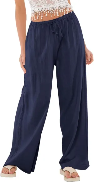 Womens Cotton Linen Pants Casual Dressy Summer Button High Rise Flowy Pants Vacation Pockets Solid Trouser Casual 2025