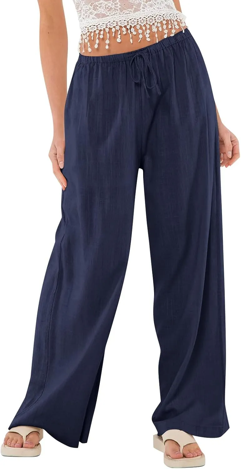 Womens Cotton Linen Pants Casual Dressy Summer Button High Rise Flowy Pants Vacation Pockets Solid Trouser Casual 2025