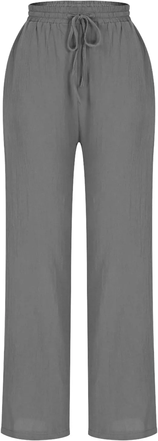 Womens Cotton Linen Pants Drawstring Elastic Waist Straight Leg Loose Fit Summer Trousers Palazzo Pants with Pockets