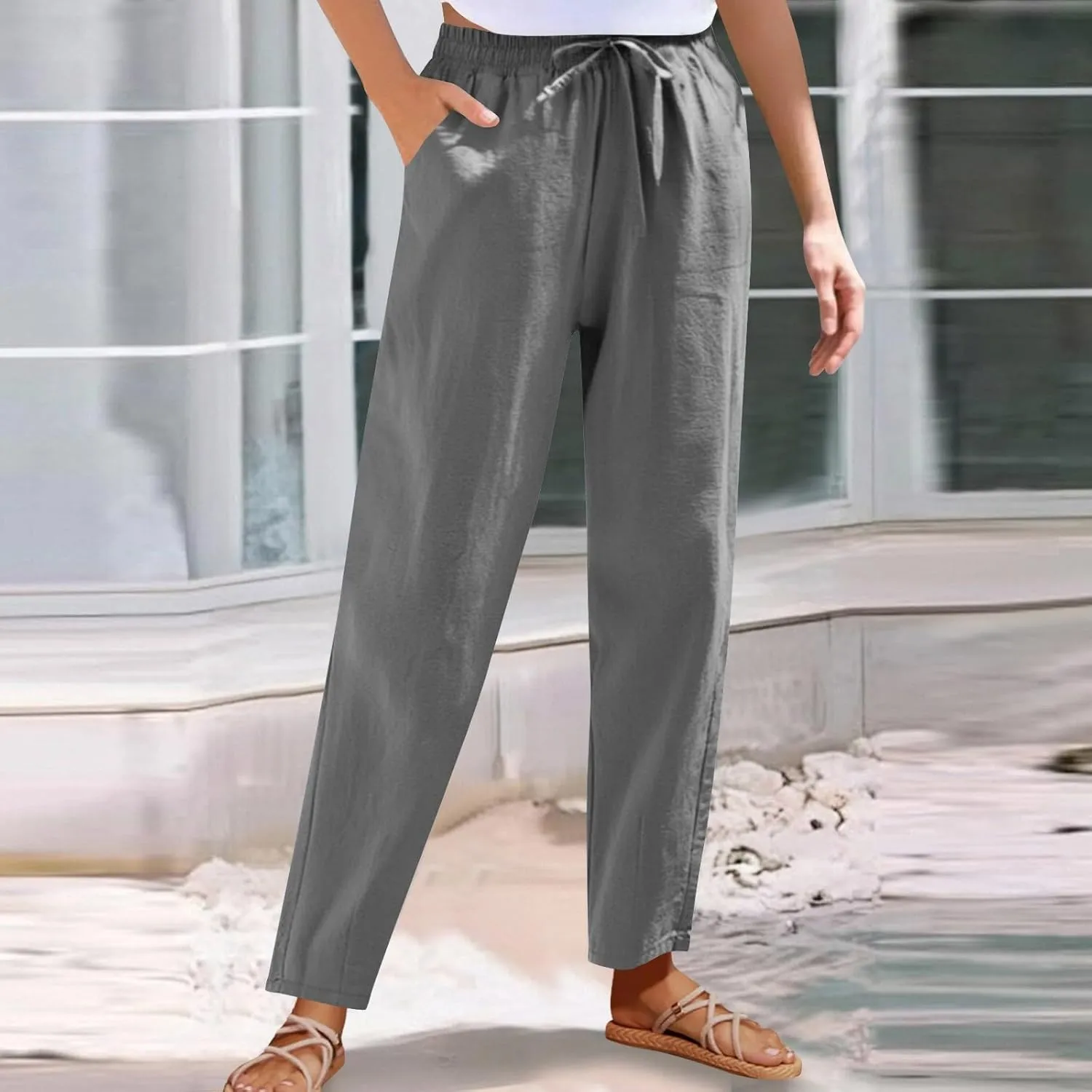 Womens Cotton Linen Pants Drawstring Elastic Waist Straight Leg Loose Fit Summer Trousers Palazzo Pants with Pockets
