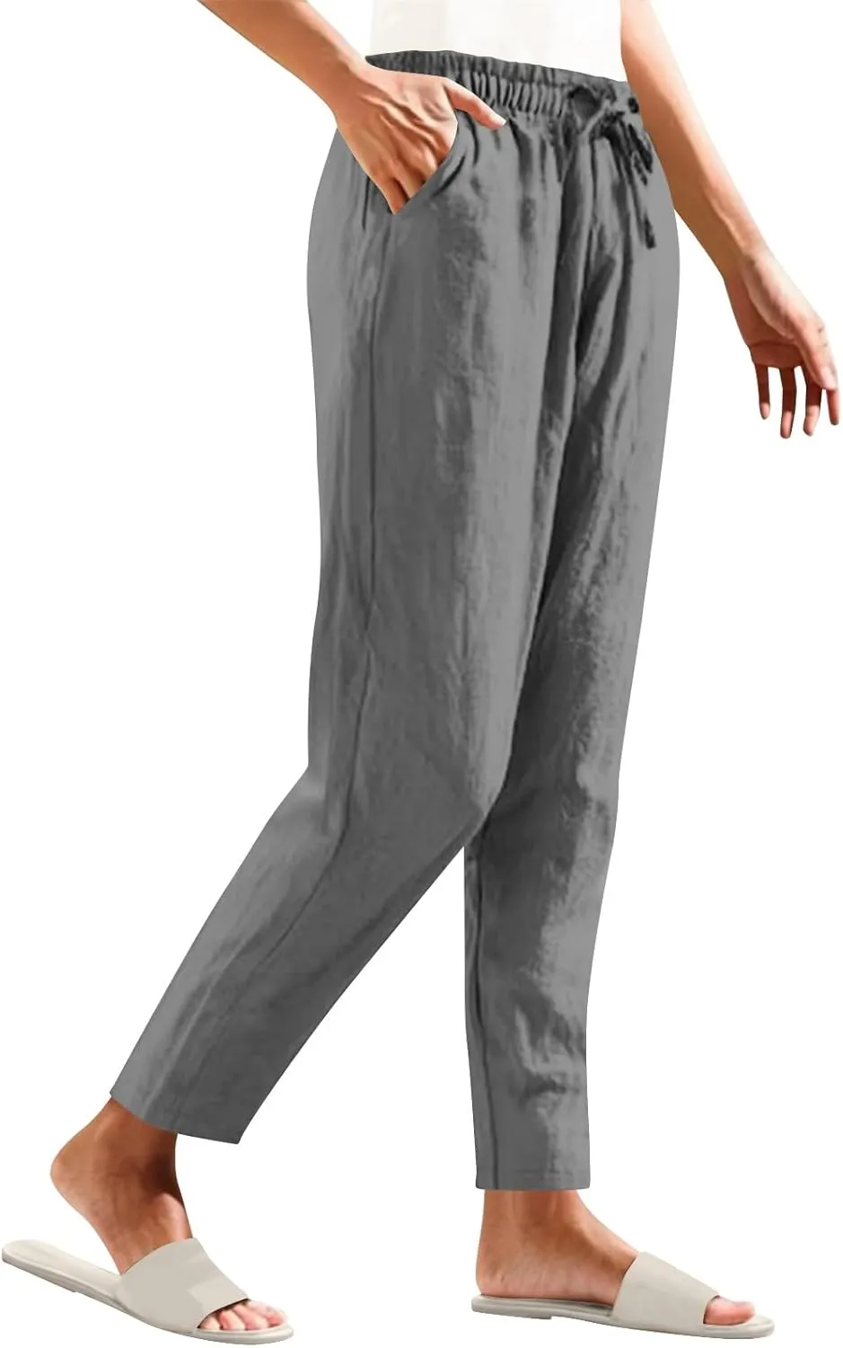 Womens Cotton Linen Pants Drawstring Elastic Waist Straight Leg Loose Fit Summer Trousers Palazzo Pants with Pockets
