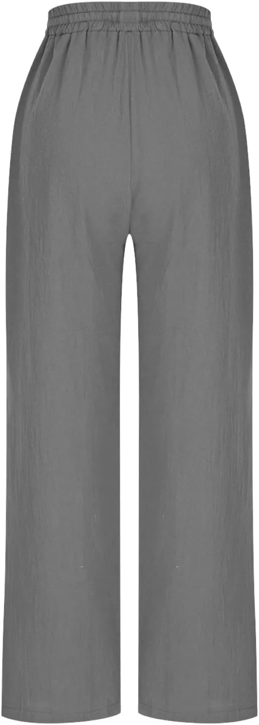 Womens Cotton Linen Pants Drawstring Elastic Waist Straight Leg Loose Fit Summer Trousers Palazzo Pants with Pockets