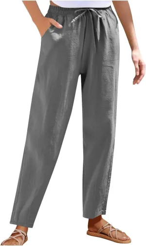 Womens Cotton Linen Pants Drawstring Elastic Waist Straight Leg Loose Fit Summer Trousers Palazzo Pants with Pockets